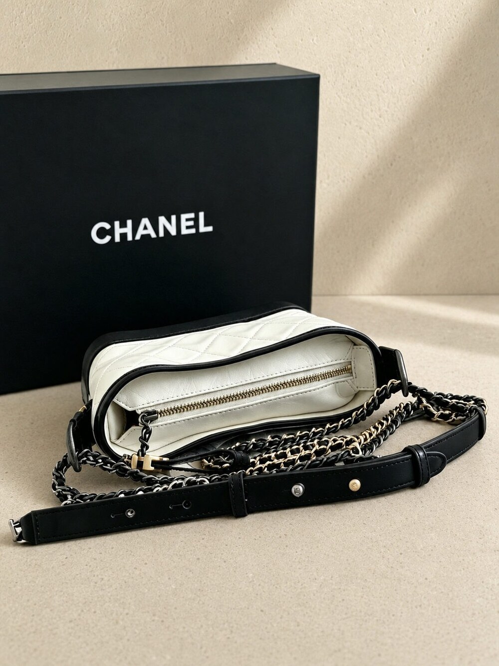 Chanel Black White Aged Calfskin Gabrielle Hobo with Mixed Metal Chain - Picture 3 of 6